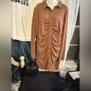 PrettyLittleThing Tan Ruched Long Sleeve Dress